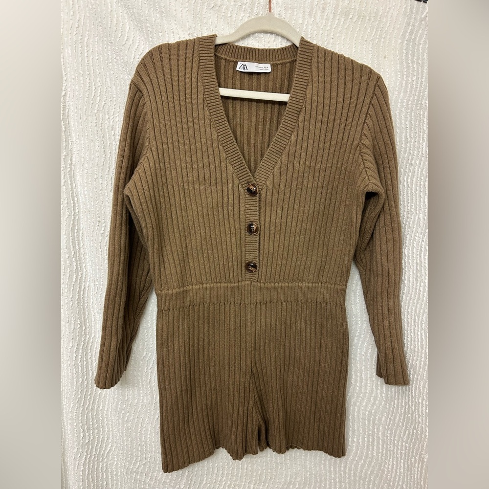 Zara Brown Knit Romper Size Large Sweater Short Beige Button Front